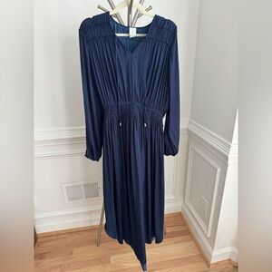 Joie Rheia Satin Long Sleeve Pleated Midi Dress Navy Blue Size L